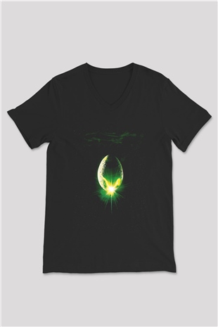 Unisex Yaratık (Alien) Baskılı Siyah V Yaka Tişört