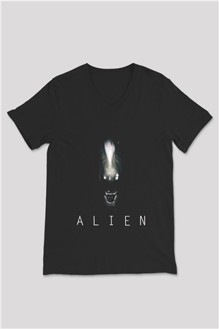 Unisex Yaratık (Alien) Baskılı Siyah V Yaka T-shirt