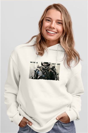 Unisex Yarının Sınırında (Edge of Tomorrow) Baskılı Beyaz Kapüşonlu Sweatshirt
