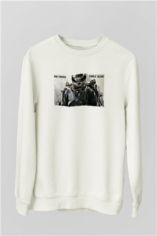 Unisex Yarının Sınırında (Edge of Tomorrow) Baskılı Beyaz Sweatshirt