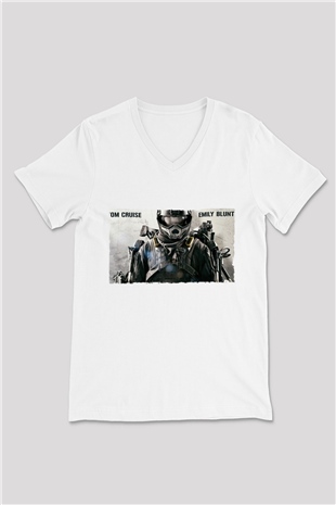 Unisex Yarının Sınırında (Edge of Tomorrow) Baskılı Beyaz V Yaka Tshirt