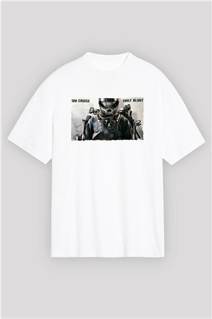 Unisex Yarının Sınırında (Edge of Tomorrow) Baskılı Beyaz Oversize Oversize T-shirt