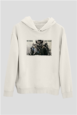 Unisex Yarının Sınırında (Edge of Tomorrow) Baskılı Beyaz Kapüşonlu Sweatshirt