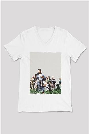 Unisex Yedi Samuray (Seven Samurai) Baskılı Beyaz V Yaka Tişört