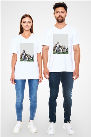 Unisex Yedi Samuray (Seven Samurai) Baskılı Beyaz V Yaka Tişört