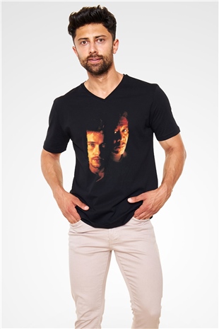 Unisex Yedi (Seven) Baskılı Siyah V Yaka Tişört