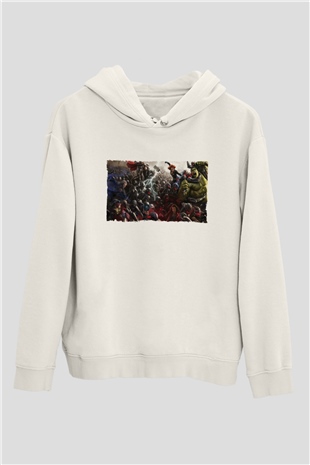 Unisex Yenilmezler 2 Avengers Age of Ultron Baskılı Beyaz Kapüşonlu Sweatshirt
