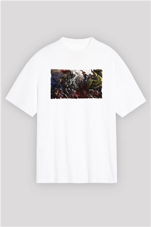 Unisex Yenilmezler 2 Avengers Age of Ultron Baskılı Beyaz Oversize Tişört