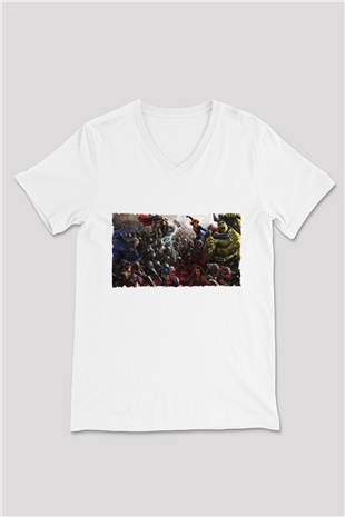 Unisex Yenilmezler 2 Avengers Age of Ultron Baskılı Beyaz V Yaka Tişört