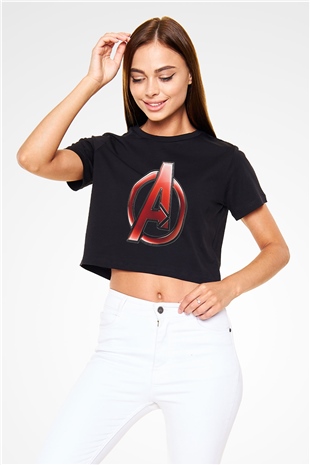 Unisex Yenilmezler (Avengers) Baskılı Siyah Crop Top Tshirt