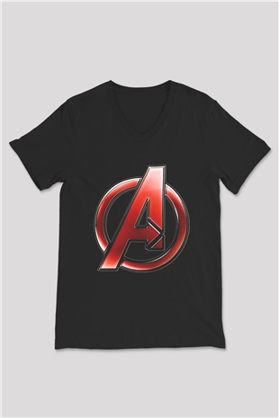 Unisex Yenilmezler (Avengers) Baskılı Siyah V Yaka Tshirt