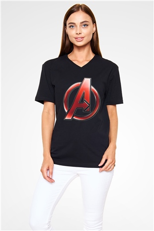 Unisex Yenilmezler (Avengers) Baskılı Siyah V Yaka Tshirt