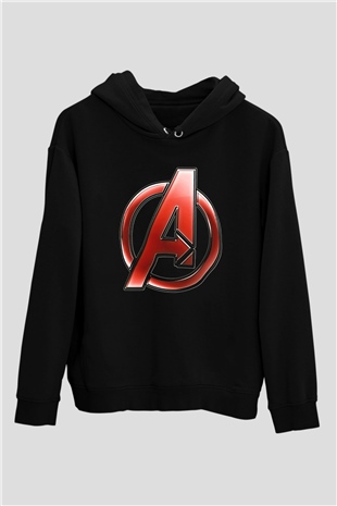 Unisex Yenilmezler (Avengers) Baskılı Siyah Kapüşonlu Sweatshirt