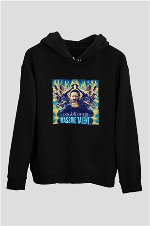 Unisex Yetenekli Bay Cage (The Unbearable Weight of Massive Talent) Baskılı Siyah Kapüşonlu Sweatshirt