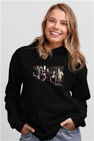 Unisex Yıldız Geçidi Evren (Stargate Universe) Baskılı Siyah Kapüşonlu Sweatshirt