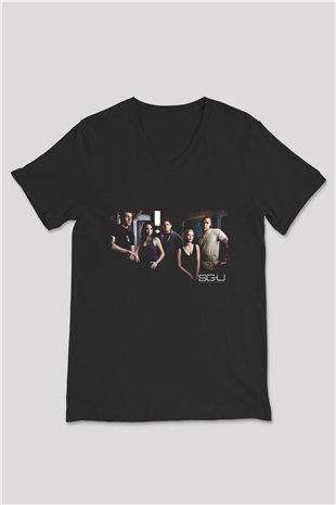 Unisex Yıldız Geçidi Evren (Stargate Universe) Baskılı Siyah V Yaka Tişört