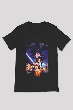 Unisex Yıldız Savaşları Bölüm VI - Jediın Dönüşü (Return of the Jedi) Baskılı Siyah V Yaka Tişört