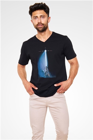 Unisex Yıldız Savaşları Bölüm VI - Jediın Dönüşü (Return of the Jedi) Baskılı Siyah V Yaka T-shirt