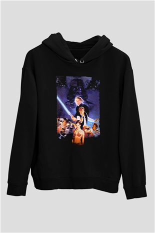 Unisex Yıldız Savaşları Bölüm VI - Jediın Dönüşü (Return of the Jedi) Baskılı Siyah Kapüşonlu Sweatshirt