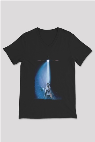 Unisex Yıldız Savaşları Bölüm VI - Jediın Dönüşü (Return of the Jedi) Baskılı Siyah V Yaka T-shirt