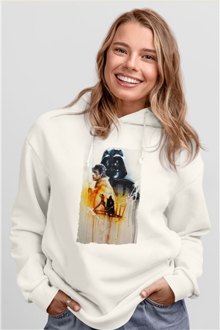 Unisex Yıldız Savaşları (Return of the Jedi) Baskılı Beyaz Kapüşonlu Sweatshirt