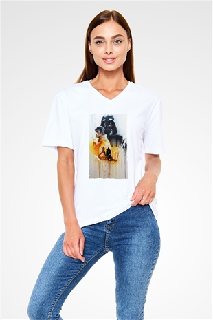 Unisex Yıldız Savaşları (Return of the Jedi) Baskılı Beyaz V Yaka Tişört