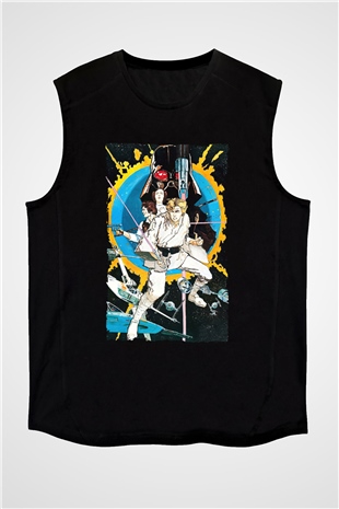 Unisex Yıldız Savaşları (Star Wars) Baskılı Siyah Kolsuz T-shirt