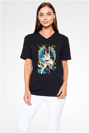 Unisex Yıldız Savaşları (Star Wars) Baskılı Siyah V Yaka T-shirt