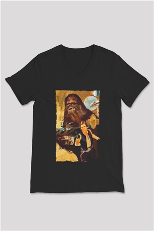 Unisex Yıldız Savaşları (Star Wars) Baskılı Siyah V Yaka Tişört