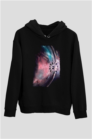 Unisex Yıldızlararası (Interstellar) Baskılı Siyah Kapüşonlu Sweatshirt