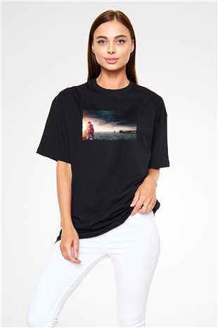 Unisex Yıldızlararası (Interstellar) Baskılı Siyah Unisex Oversize Tshirt