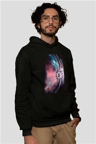 Unisex Yıldızlararası (Interstellar) Baskılı Siyah Kapüşonlu Sweatshirt