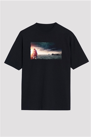 Unisex Yıldızlararası (Interstellar) Baskılı Siyah Unisex Oversize Tshirt