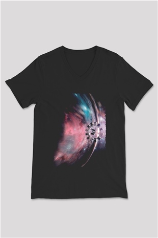 Unisex Yıldızlararası (Interstellar) Baskılı Siyah V Yaka T-shirt