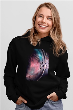 Unisex Yıldızlararası (Interstellar) Baskılı Siyah Kapüşonlu Sweatshirt