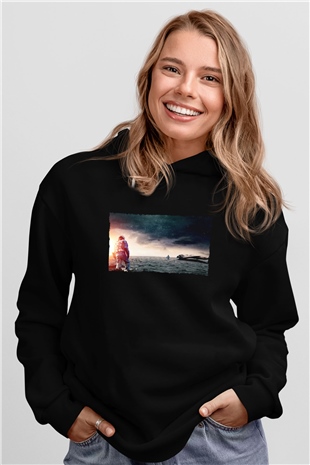 Unisex Yıldızlararası (Interstellar) Baskılı Siyah Unisex Kapüşonlu Sweatshirt