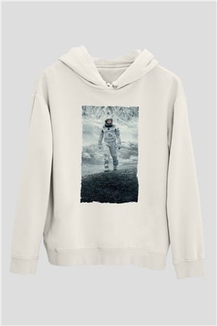 Unisex Yıldızlararası (Interstellar) Baskılı Beyaz Kapüşonlu Sweatshirt