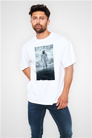 Unisex Yıldızlararası (Interstellar) Baskılı Beyaz Oversize Tişört