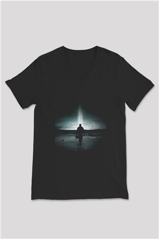 Unisex Yıldızlararası (Interstellar) Baskılı Siyah Unisex V Yaka Tişört