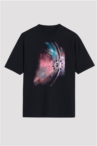 Unisex Yıldızlararası (Interstellar) Baskılı Siyah Oversize T-shirt