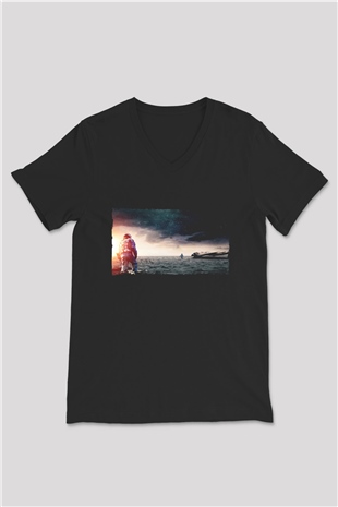Unisex Yıldızlararası (Interstellar) Baskılı Siyah Unisex V Yaka Tshirt