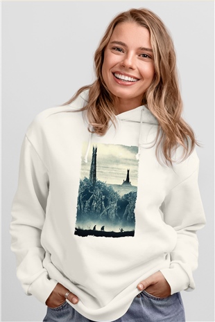 Unisex Yüzüklerin Efendisi İki Kule (The Lord of the Rings The Two Towers) Baskılı Beyaz Kapüşonlu Sweatshirt