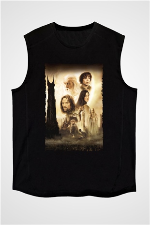 Unisex Yüzüklerin Efendisi İki Kule (The Lord of the Rings The Two Towers) Baskılı Siyah Kolsuz T-shirt
