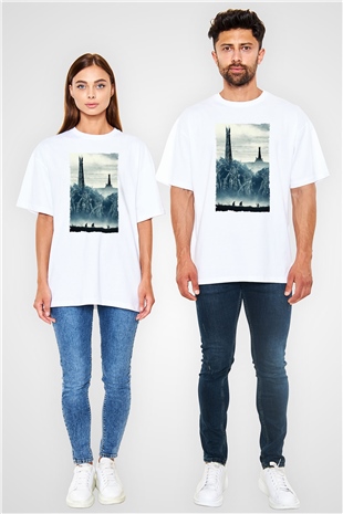 Unisex Yüzüklerin Efendisi İki Kule (The Lord of the Rings The Two Towers) Baskılı Beyaz Oversize Oversize T-shirt