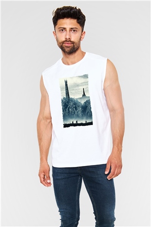 Unisex Yüzüklerin Efendisi İki Kule (The Lord of the Rings The Two Towers) Baskılı Beyaz Kolsuz Tshirt