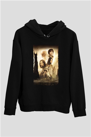 Unisex Yüzüklerin Efendisi İki Kule (The Lord of the Rings The Two Towers) Baskılı Siyah Kapüşonlu Sweatshirt