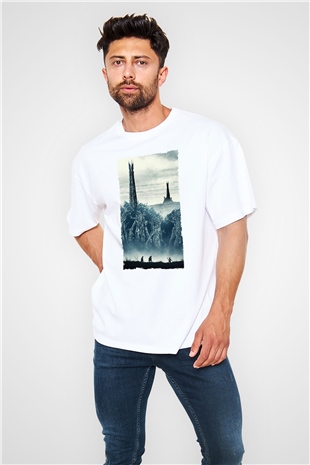 Unisex Yüzüklerin Efendisi İki Kule (The Lord of the Rings The Two Towers) Baskılı Beyaz Oversize Oversize T-shirt