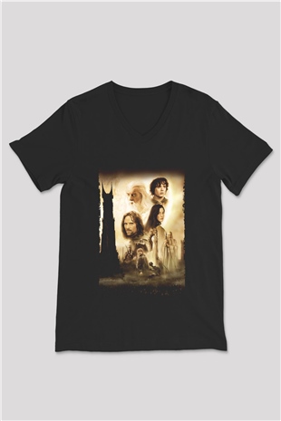 Unisex Yüzüklerin Efendisi İki Kule (The Lord of the Rings The Two Towers) Baskılı Siyah V Yaka T-shirt
