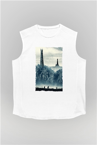 Unisex Yüzüklerin Efendisi İki Kule (The Lord of the Rings The Two Towers) Baskılı Beyaz Kolsuz Tshirt