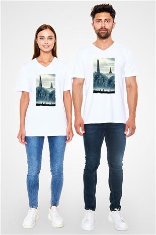 Unisex Yüzüklerin Efendisi İki Kule (The Lord of the Rings The Two Towers) Baskılı Beyaz V Yaka Tshirt